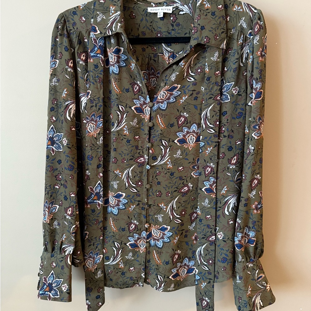 Moon River Olive Floral Blouse